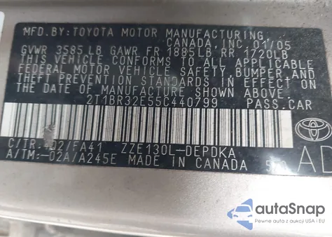 2005 Toyota Corolla Ce/Le/S z USA, uszkodzony, nr VIN 2T1BR32E55C440799